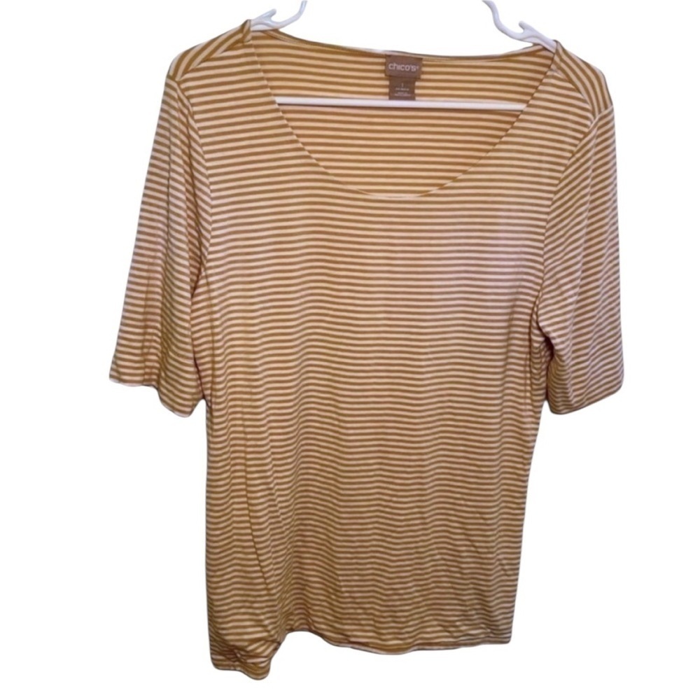 Chico's Women's Size 1 (Medium/8) Scoop Neck Half Sleeve Top White Beige Stripes